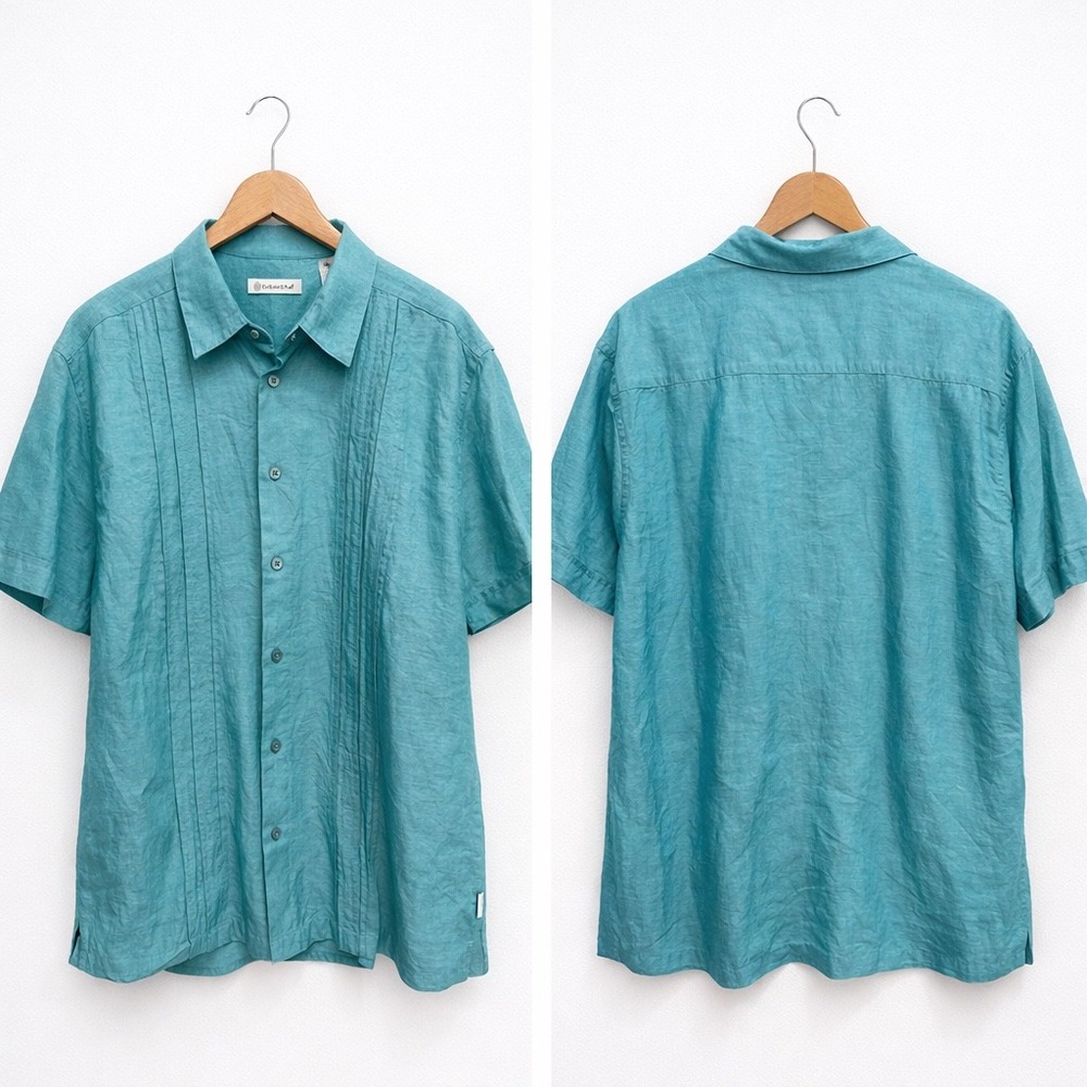 Cubavera Mens XL Teal Blue Linen Blend Short Sleeve Guayabera Shirt RT24165